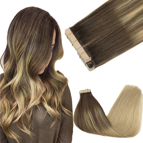 Picture of GOO GOO Tape in Hair Extensions Human Hair, 4/18 Balayage Chocolate Brown Highlighted Dirty Blonde, 12inch 80g 40pcs, Thick Ends Straight Seamless Tape in, Invisible Tape in Hair Extensions Human Hair