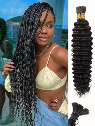 Picture of Human Braiding Hair 100g 22 Inch Deep Water Wave Bulk Human Hair for Braiding No Weft Bundle 10A Brazilian Virgin Curly Human Hair Extensions for Boho Braids Wet and Wavy Human Hair Braiding Hair