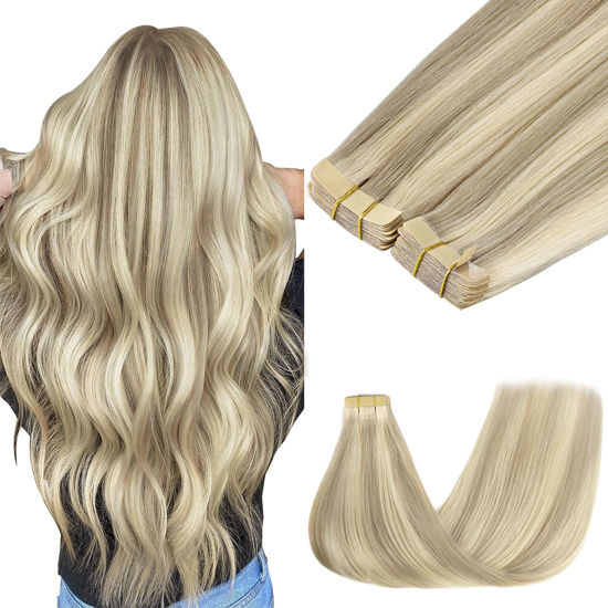 Picture of GOO GOO Tape in Hair Extensions Human Hair, 17A/60A Ash Blonde Highlighted Platinum Blonde, 10inch 60g 40pcs, Thick Ends Straight Seamless Tape in, Invisible Tape in Hair Extensions Human Hair