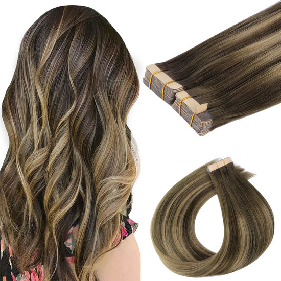 Picture of GOO GOO Tape in Hair Extensions Human Hair, 4/27/4 Balayage Chocolate Brown to Caramel Blonde, 12inch 80g 40pcs, Thick Ends Straight Seamless Tape in, Invisible Tape in Hair Extensions Human Hair