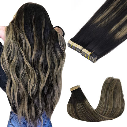 Picture of GOO GOO Tape in Hair Extensions Human Hair, 1B/16/1B Balayage Natural Black to Light Blonde, 12inch 80g 40pcs, Thick Ends Straight Seamless Tape in, Invisible Tape in Hair Extensions Human Hair