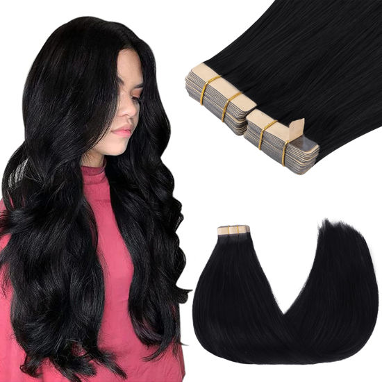 Picture of GOO GOO Tape in Hair Extensions Human Hair, 1 Jet black, 12inch 80g 40pcs, Thick Ends Straight Seamless Tape in, Invisible Tape in Hair Extensions Human Hair