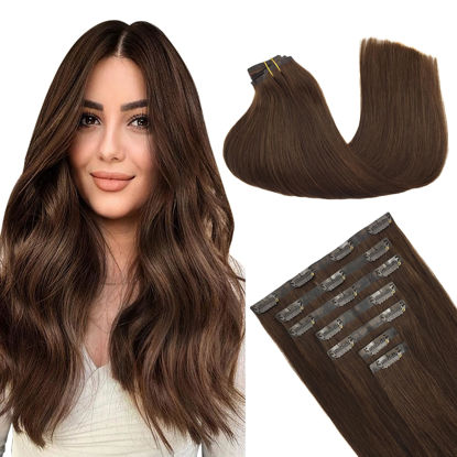 Picture of GOO GOO Clip in Hair Extensions Real Human Hair, Remy Human Hair Extensions Clip ins for Women, Natural Human Hair, 14inch 130g 9Pcs, 4A Chocolate Brown