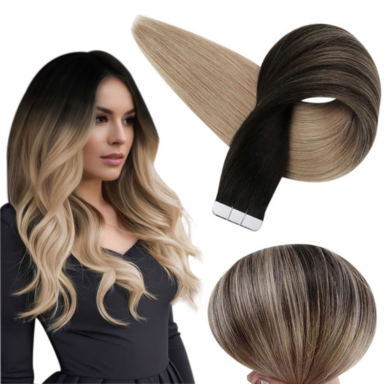 Picture of Full Shine Ombre Tape in Hair Extensions Human Hair Blonde Tape in Extensions 22 Inch Seamless Hair Extensions Tape in 50 Gram 20 Pcs Tape in Human Hair Extensions Black To Blonde 1B/18 Skin Weft Hair