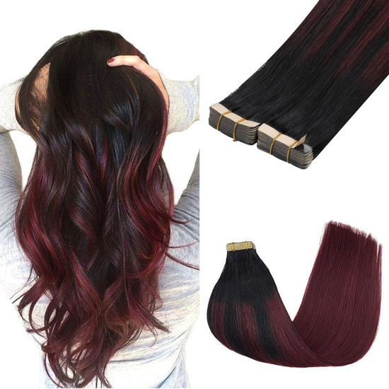 Picture of GOO GOO Tape in Hair Extensions Human Hair, 1/99 Balayage Jet Black to Red, 14inch 100g 40pcs, Thick Ends Straight Seamless Tape in, Invisible Tape in Hair Extensions Human Hair