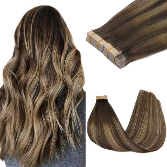 Picture of GOO GOO Tape in Hair Extensions Human Hair, 4/26/4 Balayage Chocolate Brown to Honey Blonde, 14inch 100g 40pcs, Thick Ends Straight Seamless Tape in, Invisible Tape in Hair Extensions Human Hair