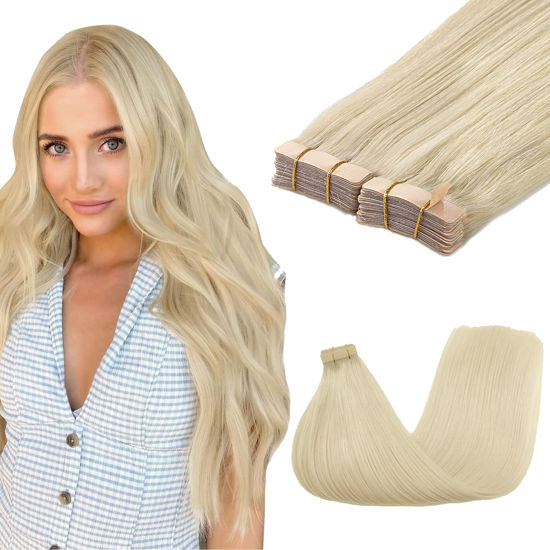 Picture of GOO GOO Tape in Hair Extensions Human Hair, 60A Platinum Blonde, 12inch 80g 40pcs, Thick Ends Straight Seamless Tape in, Invisible Tape in Hair Extensions Human Hair