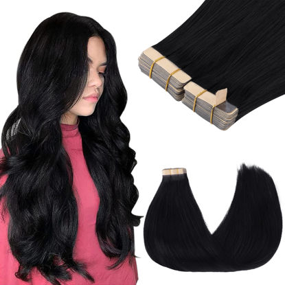 Picture of GOO GOO Tape in Hair Extensions Human Hair, 1 Jet black, 14inch 100g 40pcs, Thick Ends Straight Seamless Tape in, Invisible Tape in Hair Extensions Human Hair