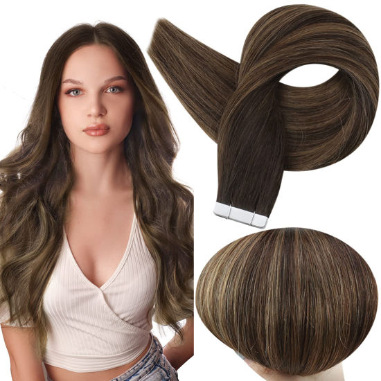 Picture of Full Shine Invisible Tape In Human Hair 22 Inch Tape on Hair Extensions 22 Inch Balayage Color 2 Darkest Brown Fading to 8 Ash Brown and 2 Seamless Pu Tape Hair 50 Gram Skin Weft Hair Extensions