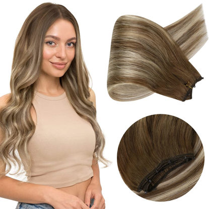 Picture of Sunny Micro Weft Hair Extensions Balayage Human Hair Bead Weft Extensions Medium Brown Ombre Platinum Blonde EZE Weft Remy Hair Extensions with Micro Beads 20inch 50g