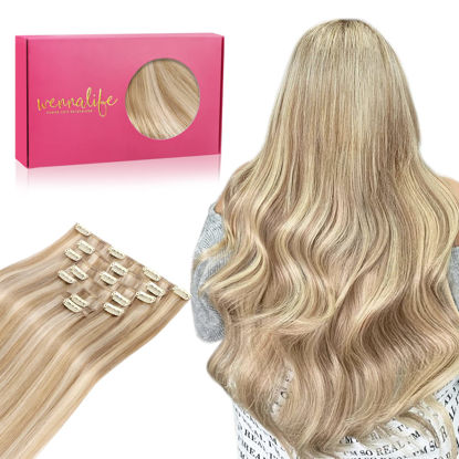 Picture of WENNALIFE Clip in Hair Extensions Human Hair 14 Inch 120g 7pcs Dirty Blonde Highlighted Bleach Blonde Hair Extensions Clip in for Women Real Human Hair Rallonge Cheveux Humain Real Hair Extensions