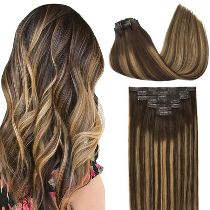 Picture of GOO GOO Clip in Hair Extensions Real Human Hair, Remy Human Hair Extensions Clip ins for Women, Natural Human Hair, 14inch 130g 9Pcs, 4/27/4 Balayage Chocolate Brown to Caramel Blonde