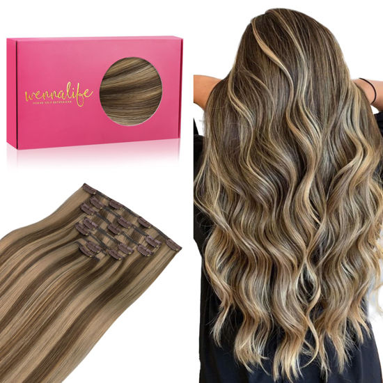 Picture of WENNALIFE Clip in Hair Extensions Real Human Hair, 14 Inch 120g 7pcs Human Hair Extensions Clip In Human Hair, Balayage Chocolate Brown to Caramel Blonde Hair Extensions Clip In Real Hair Coloured