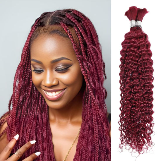 Picture of Human Braiding Hair 100g 24 Inch Deep Water Wave Bulk Human Hair for Braiding No Weft 10A Brazilian Virgin Curly Human Hair Extensions for Boho Braids Wet and Wavy 99J Red Burgundy Braiding Hair