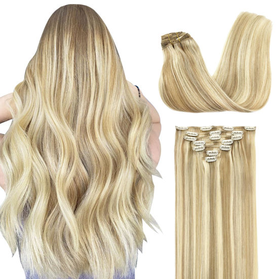 Picture of GOO GOO Clip in Hair Extensions Real Human Hair, Remy Human Hair Extensions Clip ins for Women, Natural Human Hair, 14inch 120g 7Pcs, 18A/613A Dark Blonde Highlighted Bleach Blonde