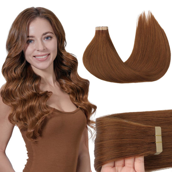 Picture of GOO GOO Tape in Hair Extensions Human Hair, 350 Copper, 20inch 50g 20pcs, Thick Ends Straight Seamless Tape in, Invisible Tape in Hair Extensions Human Hair