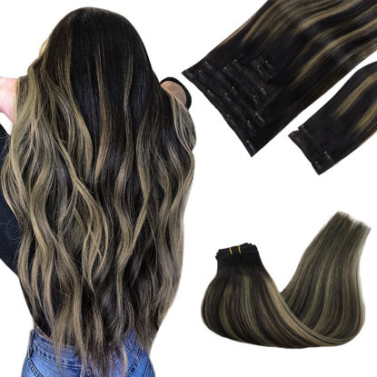 Picture of GOO GOO Clip in Hair Extensions Real Human Hair, Remy Human Hair Extensions Clip ins for Women, Natural Human Hair, 14inch 150g 9Pcs, 1B/16/1B Balayage Natural Black to Light Blonde