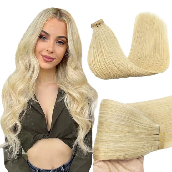 Picture of GOO GOO Tape in Hair Extensions Human Hair, 613R Bleach Blonde, 20inch 50g 20pcs, Thick Ends Straight Seamless Tape in, Invisible Tape in Hair Extensions Human Hair