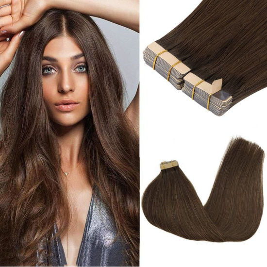 Picture of GOO GOO Tape in Hair Extensions Human Hair, 4A Chocolate Brown, 14inch 100g 40pcs, Thick Ends Straight Seamless Tape in, Invisible Tape in Hair Extensions Human Hair