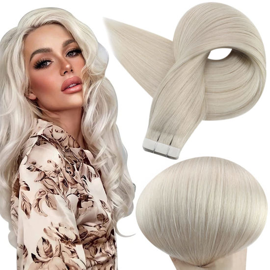 Picture of Full Shine PU Tape in Hair Extensions Color 1000 Blonde 22 Inch Skin Weft Glue in Straight Hair Extensions 50g Double Sided Tape in Human Hair Extensions Silky Smooth 20 Pcs for Wedding