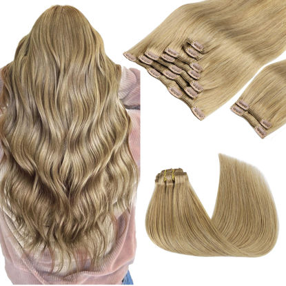 Picture of GOO GOO Clip in Hair Extensions Real Human Hair, Remy Human Hair Extensions Clip ins for Women, Natural Human Hair, 14inch 150g 9Pcs, 7 Bronde