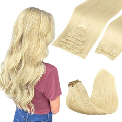 Picture of GOO GOO Clip in Hair Extensions Real Human Hair, Remy Human Hair Extensions Clip ins for Women, Natural Human Hair, 14inch 150g 9Pcs, 613R Bleach Blonde