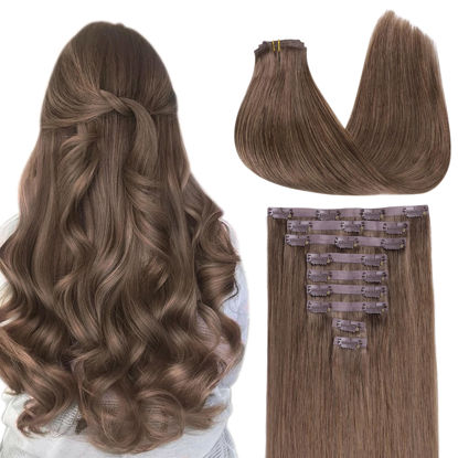 Picture of GOO GOO Clip in Hair Extensions Real Human Hair, Remy Human Hair Extensions Clip ins for Women, Natural Human Hair, 14inch 130g 9Pcs, 5 Light Ash Brown