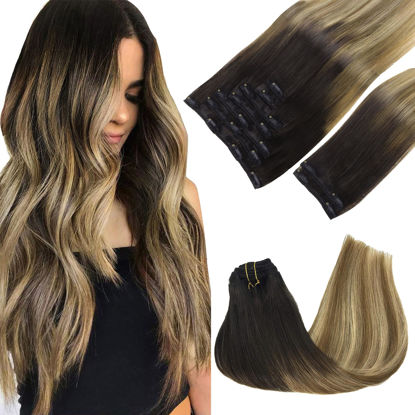 Picture of GOO GOO Clip in Hair Extensions Real Human Hair, Remy Human Hair Extensions Clip ins for Women, Natural Human Hair, 14inch 150g 9Pcs, 2/6/18 Balayage Brown to Dirty Blonde