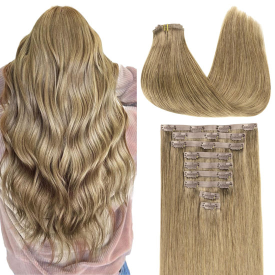 Picture of GOO GOO Clip in Hair Extensions Real Human Hair, Remy Human Hair Extensions Clip ins for Women, Natural Human Hair, 14inch 130g 9Pcs, 7 Bronde