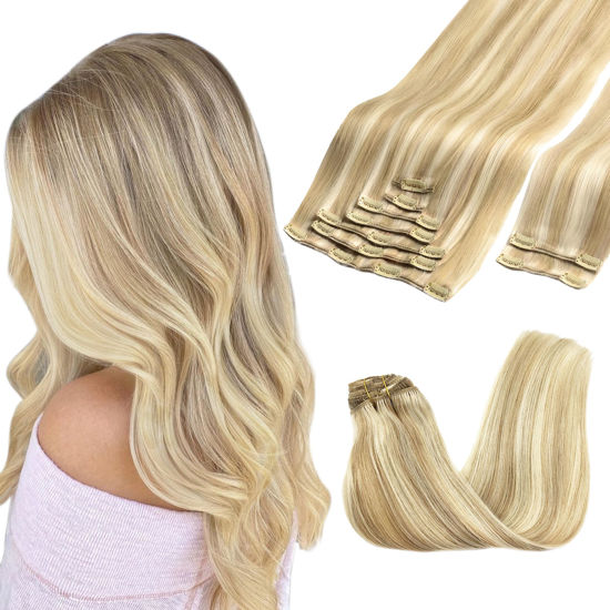 Picture of GOO GOO Clip in Hair Extensions Real Human Hair, Remy Human Hair Extensions Clip ins for Women, Natural Human Hair, 14inch 150g 9Pcs, 18A/613A Dark Blonde Highlighted Bleach Blonde