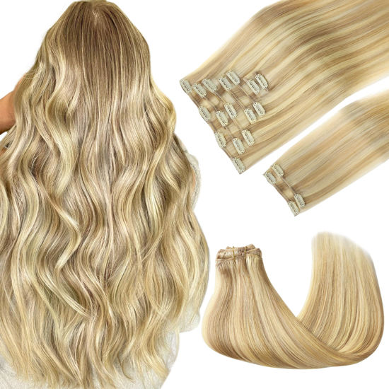 Picture of GOO GOO Clip in Hair Extensions Real Human Hair, Remy Human Hair Extensions Clip ins for Women, Natural Human Hair, 14inch 150g 9Pcs, 18D/22F Dirty Blonde Highlights