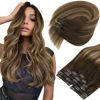 Picture of Sunny Clip in Hair Extensions Real Human Hair Balayage Clip in Extensions Chocolate Brown Ombre Caramel Brown Balayage Clip in Hair Extensions Double Weft Human Hair Extensions 120G 16inch 7pcs