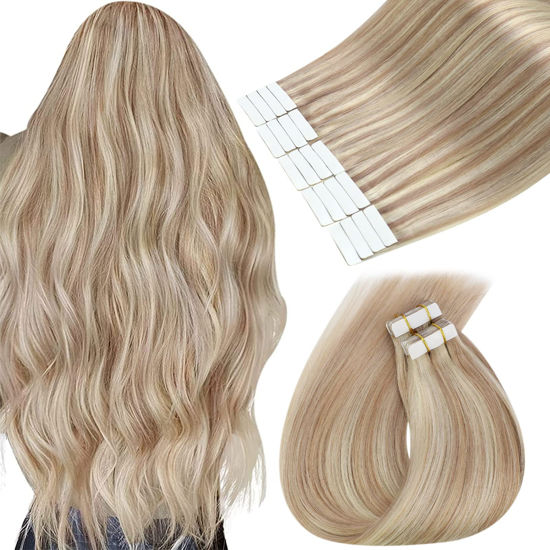 Picture of [Hot] Blonde Hair Extensions Tape in Human Hair, Sunny Rose Blonde Tape in Extensions Human Hair, Tape in Hair Extensions Light Pink Blonde Highlights Bleach Blonde Skin Weft 20pcs/50g 24in