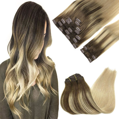 Picture of GOO GOO Clip in Hair Extensions Real Human Hair, Remy Human Hair Extensions Clip ins for Women, Natural Human Hair, 16inch 150g 9Pcs, 4/18 Balayage Chocolate Brown Highlighted Dirty Blonde