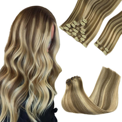 Picture of GOO GOO Clip in Hair Extensions Real Human Hair, Remy Human Hair Extensions Clip ins for Women, Natural Human Hair, 14inch 150g 9Pcs, 8A/22 Medium Brown Highlighted Golden Blonde