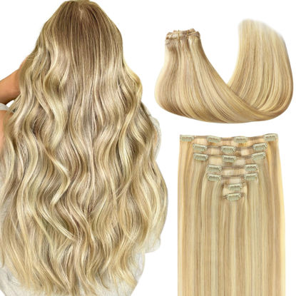 Picture of GOO GOO Clip in Hair Extensions Real Human Hair, Remy Human Hair Extensions Clip ins for Women, Natural Human Hair, 14inch 120g 7Pcs, 18D/22F Dirty Blonde Highlights