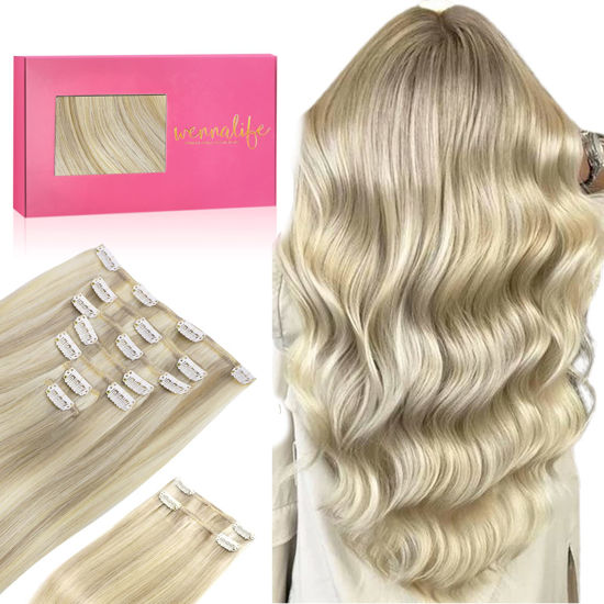 Picture of WENNALIFE Hair Extensions Clip In, 9pcs 14inch 150g Ash Blonde Highlighted Platinum Blonde Thicker Clip In Hair Extensions Real Human Hair Remy hair extension Double Weft Clip in Human Hair Extensions