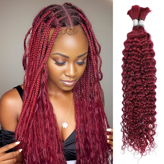 Picture of Human Braiding Hair 100g 26 Inch Deep Water Wave Bulk Human Hair for Braiding No Weft 10A Brazilian Virgin Curly Human Hair Extensions for Boho Braids Wet and Wavy 99J Red Burgundy Braiding Hair