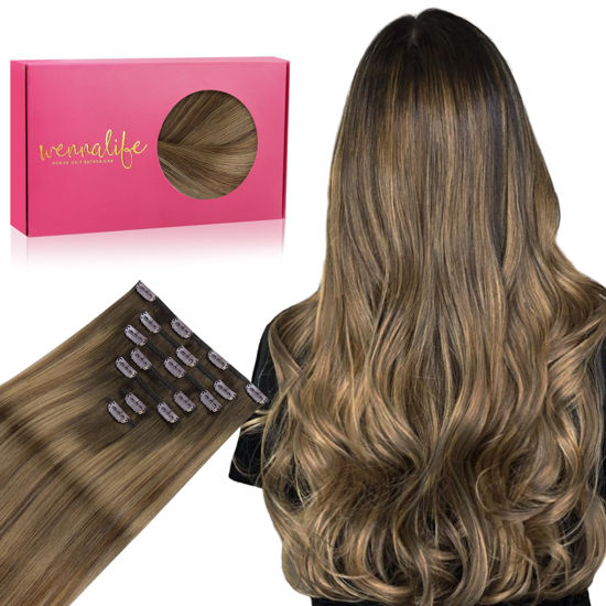 Picture of WENNALIFE Clip in Hair Extensions Real Human Hair, 14 Inch 120g 7pcs Human Hair Extensions Clip In Human Hair, Light Ash Brown to Warm Chocolate Highlighted Caramel Blonde Hair Extensions Clip In Real