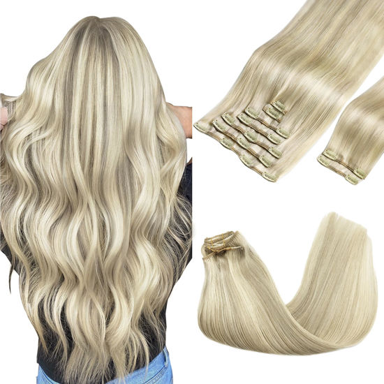 Picture of GOO GOO Clip in Hair Extensions Real Human Hair, Remy Human Hair Extensions Clip ins for Women, Natural Human Hair, 14inch 150g 9Pcs, 17A/60A Ash Blonde Highlighted Platinum Blonde