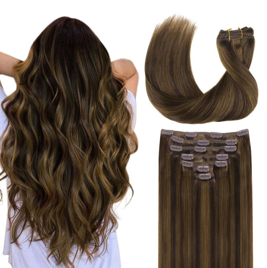 Picture of GOO GOO Clip in Hair Extensions Real Human Hair, Remy Human Hair Extensions Clip ins for Women, Natural Human Hair, 16inch 120g 7Pcs, 2C/4E/6C Brown Sugar Swirl Highlights