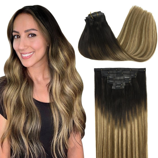 Picture of GOO GOO Clip in Hair Extensions Real Human Hair, Remy Human Hair Extensions Clip ins for Women, Natural Human Hair, 16inch 130g 7Pcs, 2/6/18 Balayage Brown to Dirty Blonde