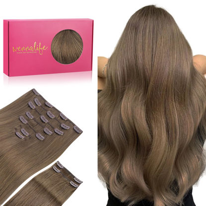 Picture of WENNALIFE Clip in Hair Extensions, 150g 14 Inch 9pcs Light Ash Brown Human Hair Extensions Thicker Clip in Hair Extensions Real Human Hair Clip Set Double Weft