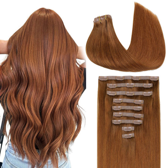 Picture of GOO GOO Clip in Hair Extensions Real Human Hair, Remy Human Hair Extensions Clip ins for Women, Natural Human Hair, 14inch 130g 9Pcs, 350 Copper