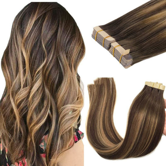 Picture of GOO GOO Tape in Hair Extensions Human Hair, 4/27/4 Balayage Chocolate Brown to Caramel Blonde, 14inch 100g 40pcs, Thick Ends Straight Seamless Tape in, Invisible Tape in Hair Extensions Human Hair