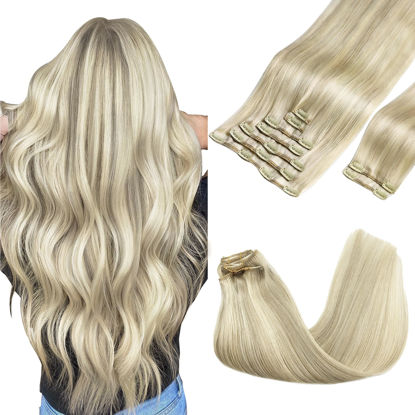 Picture of GOO GOO Clip in Hair Extensions Real Human Hair, Remy Human Hair Extensions Clip ins for Women, Natural Human Hair, 16inch 150g 9Pcs, 17A/60A Ash Blonde Highlighted Platinum Blonde