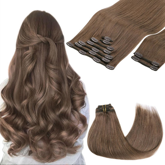 Picture of GOO GOO Clip in Hair Extensions Real Human Hair, 16inch 150g 9Pcs, 5 Light Ash Brown, Remy Human Hair Extensions Clip ins for Women, Natural Human Hair