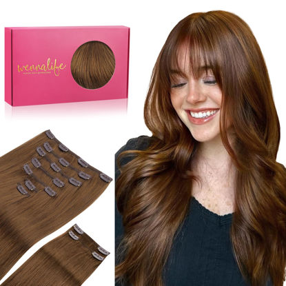 Picture of WENNALIFE Clip in Hair Extensions, 150g 14 Inch 9pcs Light Auburn Brown Human Hair Extensions Thicker Clip in Hair Extensions Real Human Hair Clip Set Double Weft