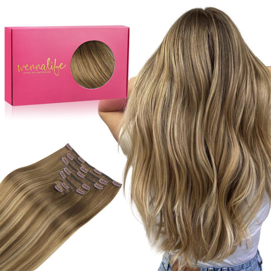 Picture of WENNALIFE Clip in Hair Extensions Real Human Hair, 14 Inch 120g 7pcs Human Hair Extensions Clip In Human Hair, Balayage Chestnut Brown Mixed Dirty Blonde Hair Extensions Clip In Real Hair Remy Human