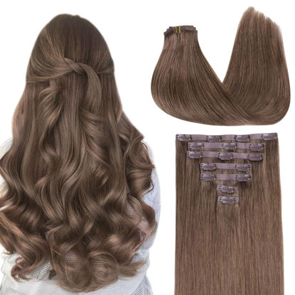 Picture of GOO GOO Clip in Hair Extensions Real Human Hair, Remy Human Hair Extensions Clip ins for Women, Natural Human Hair, 16inch 130g 7Pcs, 5 Light Ash Brown